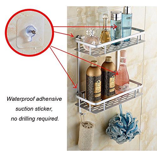 Swallowzy Kein Bohren Badezimmer Regal, haltbares Aluminium Sticky Regal Dusche Lagerung Handtuch Wandhalterung Regal Dusche Caddy Regal Storage Rack Corner Shampoo Korb-Halter mit Haken, Style B 2 Tier - 5
