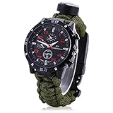 7 in 1 Paracord Survival Armband Paracord Armband-Uhr , Edelstahl Verschluss Einstellbar, Inklusive Anleitung zum Flechten Paracord Seil, Kompass, Thermometer, Pfeife, Leinenschneider, Fire Starter Scraper, Flint (Army-Green)