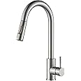 Suguword Brushed Nickel Kitchen Sink Mixer Tap with Pull Out 360° Swivel Spout 2 Water Modes High Arc Single Lever Brass Bathroom Mixer Tap