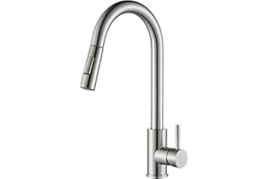 Suguword Kitchen Sink Faucet Single-Handle Pull Out Kitchen Mixer Tap - High Arc Spout Bar Sink Tap 1 Hole, Dual Spray Modes | Solid Brass | Brushed Nickel | 360° Swivel