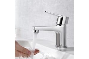 Ibergrif Grifo Lavabo Monomando, mezclador de baño latón cromado antihuellas, ahorro de agua, agua caliente y fría, diseño moderno, instalación rápida EU 3/8″, M11057