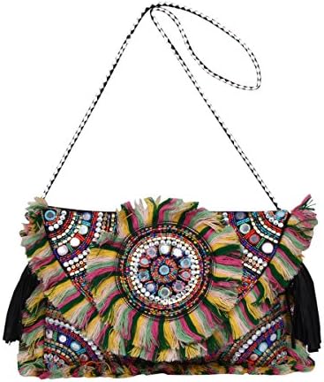 Afflon Banjara hand beaded multi color lace embroidery clutch bag