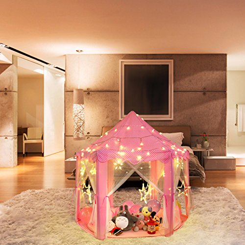 Outdoor Indoor Princess Castle Play Tents,Shayson Large Playhouse Kids With Warm Soft Blanket Smile Tent Light, 40 Small Star Lights,6 Middle Hang Star Led Light,6 Large Hang Star Led Light For Festival Fairy Princess Castle Tent, Newest Design, Extra Large Room (tent series)