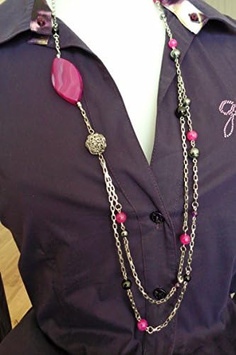 Very long necklace 316L stainless steel, genuine stones agate, amethysts, onyx and hematites, pink fuchsia, violet and black gemstones