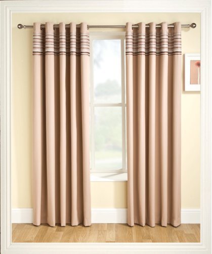 Ready Made Eyelet Thermal Blackout Curtains with Co-ordinating Aztec Detail Panel. Colour and Size: Natural Beige 168cm (66") x 183cm (72")