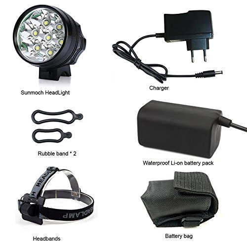 [Updated Version] Sunmoch 9000 Lumen T6 CREE Fahrradlampe Set 3 Modi mit 8800 mha Lithiumbatterie 7X CREE T6 Stirnlampe für Klettern, Radahren und Nachtsport draussen,Schwarz - 9