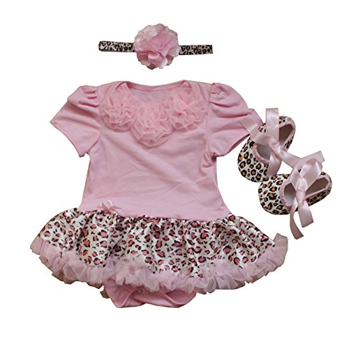 ZOEREA 3 PCS Newborn Baby Girls Flower Headband Hairband + Pink Leopard Print Cake Romper Tutu Pleated Skirt Dress + Soft Shoes Outfit Clothes Tutu Dress for 0-12M Baby Summer Girl Dresses Bodysuit