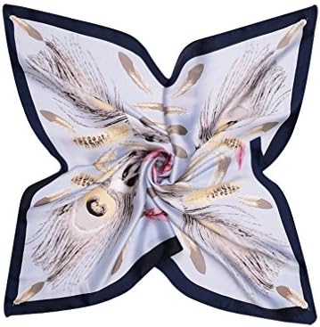 DAMILY Womens Neckerchief- Chic Feather Print Small Satin Square Scarf (GreyBlue)