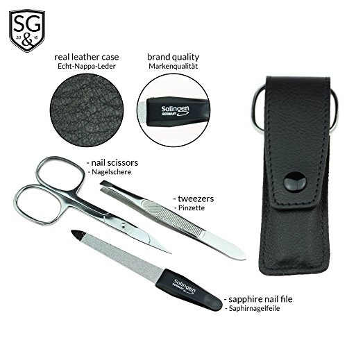 Premium Maniküreset 3-teilig, echt Leder Etui schwarz, Pediküreset – Nagelpflegeset , Feile aus Solingen, alle Teile des Manikürsets sind aus glanzvernickeltem und poliertem Stahl - 3