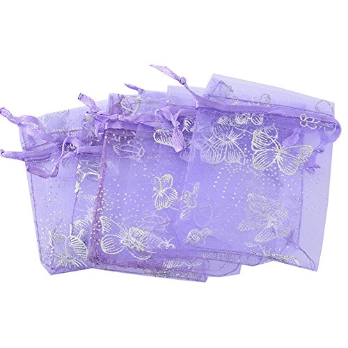 ZALAGO 9cm x12cm Lila Organzasäckchen Säckli Geschenkbeutel Hochzeit Beutel Schmetterling,50 stk