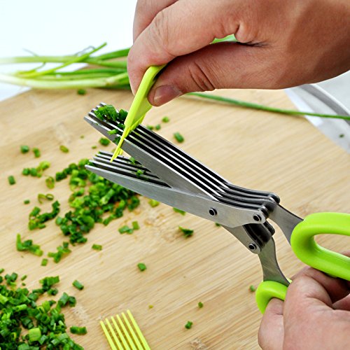 dekawei Edelstahl Küche Messer 5 Schichten Schere Sushi Geschreddertes Frühlingszwiebel Schnitt Kräuter Gewürze Schere Kochen Tools + Reinigung Kamm - 7