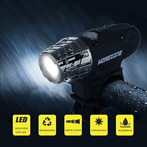 MOREZONE LED Fahrradlicht Set Wiederaufladbare Fahrradbeleuchtung 300Lumen 5 Licht-Modi Fahrradlampen Frontlicht Rücklicht Wasserdicht Fahrradlichter Taschenlampe(Schwarz) - 6