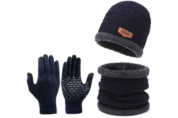 Juego de gorros, bufanda, guantes para pantalla táctil para hombres y mujeres, conjunto de guantes gruesos y cálidos con forro polar de punto