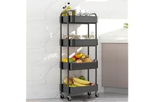 BSTHOK 4-poziomowy wózek do przechowywania, metalowy, mobilny organizer, z kółkami obrotowymi o 360°, do kuchni, sypialni, łazienki, pralni, biura, wielofunkcyjny organizer na kółkach, półka na kółkach