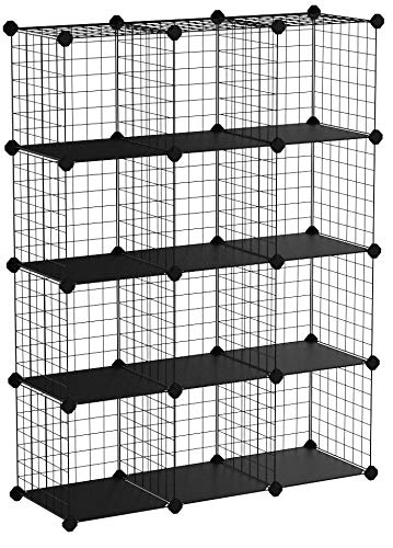 SONGMICS Armoire de Rangement, Étagère, Panneaux en Treillis, 4 Niveaux, 3 Rangs, Grande capacité, Maillet en Caoutchouc Offert, Dimensions 93 x 31 x 123 cm (L x l x H), Noir LPI34H