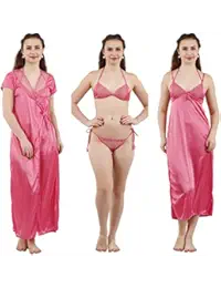 Romaisa Women's Satin Nightwear Set of 4 Pcs, Spaghetti Straps Nighty with Robe (Wrap Gown) and Bra with G-String (Thong) (Colour - Light Coral)