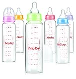 Cristal de limpieza fácil Nuby ID1179 - Biberón de cristal con tetina de silicona de flujo medio, 3+m, 240 ml