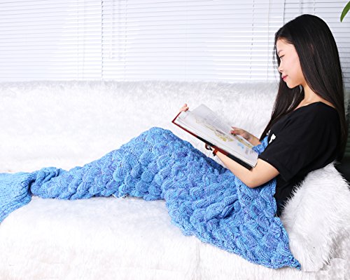Handgemachte Gestrickte Meerjungfrau Schwanz Decke MAGFLY Fish-scale Meerjungfrau Decke Schwanz Sofa Schlafsack Perfekt Geschenk für Erwachsene und Teenager (Azurblau) - 2