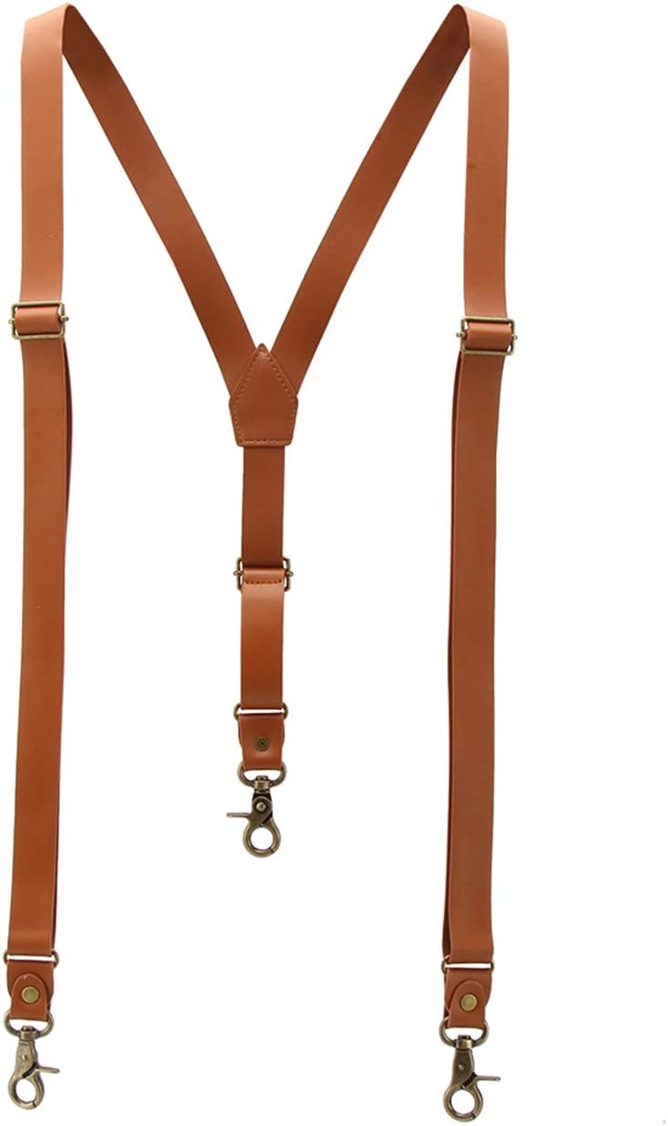 Lawevan1 Inch Suspenders for Men, faux Leather Brown Y Back, Covered with Superfine Fiber Synthetic PU Leather,3 Snaps