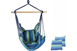 MAGIC SELECT Poltrona Sospesa da Giardino. Sedia a Dondolo da Appendere. Amaca Appesa con 2 Cuscini e Barra di Supporto in Legno per Interno/Esterno, Camera da Letto, Terrazzo, Balcone (120kg, 130x100cm)