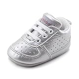 DELEBAO Babyschuhe Krabbelschuhe Turnschuhe Lauflernschuhe Weiche Sohle Baby Schuhe Lederschuhe Erste Kinderschuhe Kleinkind für Mädchen Jungen (Silber,12-18 Monate)