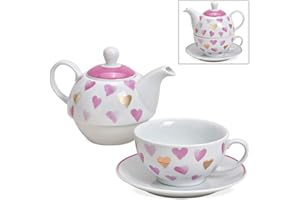MATCHES21 HOME & HOBBY Set di teiera in rosa oro e bianco con cuore – dolce tazza da tè in porcellana con coperchio per 400 ml | 200 ml – tazze da caffè eccezionali lavabili in lavastoviglie e adatte al microonde come