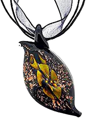 Chunky Pretty Green Flower Teardrop Glass Pendant with Sparkling Gold Accents on a Black Ribbon Necklace. Beautifully presented in a red gift box and organza bag.