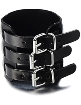 Große und Breites Lederarmband für Herren Punk Rock Armreif Schwarz Echtes Leder mit Drei Schnallen