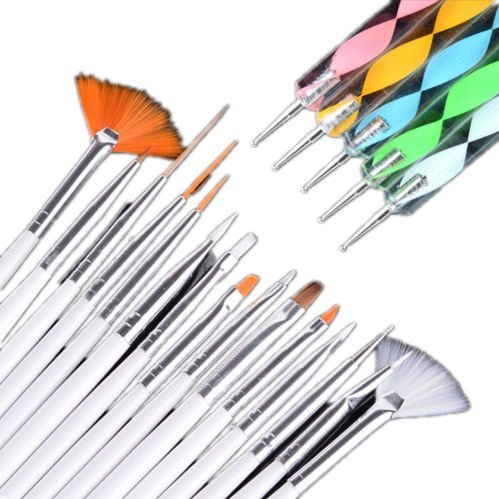 Ardisle 20pcs Nail Art Designing Painting Dotting Drawing Dot Pen Brushes Tool Kit Set -Package Content: 3 pcs Drawing Tools 7 pcs Painting Tools (also can use as gel nail curing brush) 2 pcs Liners 1 pcs Dotting Tool 2 pcs Fan brushes for nail art effect (also can use as eye shadow brush) 5 pcs 2-ways Nail Art Tool Dotting Pens