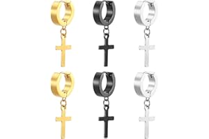 BIRWUMI 3 paia Gioielli Orecchini Unisex Croce Religione, Pendente Croce Orecchini a Cerchio, Acciaio Inossidabile, Regalo Natale,Colorati Orecchini（Nero, oro, argento）
