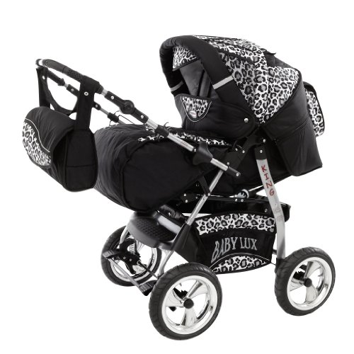Lux4Kids King Pram & Pushchair (raincover, mosquito net, beverage tray, mattress, changing pad) 27 Cosmic Black & Snowleopard