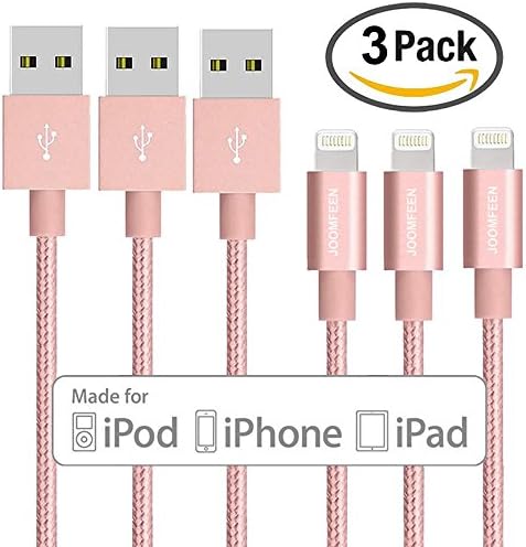 JOOMFEEN iPhone Charger, 3Pack 3ft/1M 8pin Cable Nylon Braided Charging Cable USB Syncing Cord for Apple iphone 7/7 Plus/se/6s/6s plus/6plus/6,5s/5c/5,iPad Mini/Air/Pro,iPod(Rose Gold)
