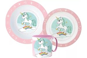 ‎PALLEON Einhorn Kinder-Geschirr Set mit Teller, Müslischale und Tasse (wiederverwendbar)