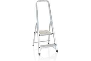 hjh OFFICE 801102 Escalera Aluminio 2 Peldaños Plegable SOLID I hasta 150 kg, Antideslizante, Ligera y Resistente, Uso doméstico