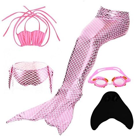 YYFishtail Girls Sparkle Mermaid Tail with Mono Fin Swimmable Swimwear 5 Pcs, pink, 140cm