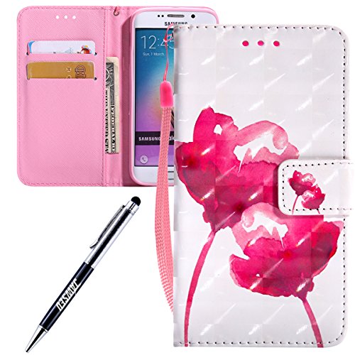 For Samsung Galaxy S6 edge case,Feeltech JAWSEU Samsung Galaxy S6 edge PU leather Wallet Flip Cover Multi Function Card Slots Protective Cases with Cute Animal & Colourful Pattern Design [Stand Function][Magnetic Closure] Flip Folder Card Holders Money Pouch Smart Phone Cover with Hand Strap for Samsung Galaxy S6 edge - Red rose
