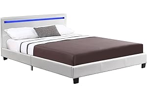 Juskys Lit rembourré Verona, lit avec sommier à Lattes, tête de lit et éclairage LED, Cadre de lit Moderne avec revêtement en Similicuir Blanc (Blanc) (120x200cm)