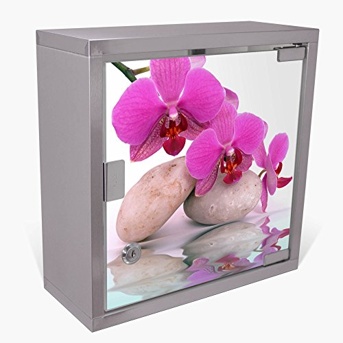 Medizinschrank groß Edelstahl abschließbar 30x45x12cm Arzneischrank Medikamentenschrank Hausapotheke Erste Hilfe Schrank Motiv Orchidee