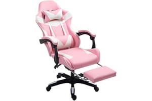 Home Treats Gaming Chair Fabric with Footrest, Pink & White - Computer Chair with Massage Added Lumbar Support, Height Adjustable Gaming Chair with 364° Rotating Seat(Pink & White)