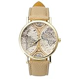 JSDDE Uhren,Vintage Weltkarte Uhr Lederausstattung Leichtmetall Damen Analoge Quarz Armbanduhr,Beige