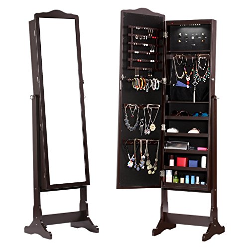 Preisvergleich Produktbild LANGRIA Schmuckschrank Abschließbar Spiegelschrank mit LED-Leuchten, 5 Regale Aufbewahrung für Ringe, Ohrringe, Armbänder, Broschen, Kosmetik (Braun)