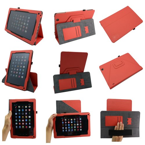 Coodio® Medion LifeTab E10320/E10318/E10316/E10315 Tablet 360 Grad Drehbar Lederhülle Tasche Cover Mit Ständer Gebaut in Handgriff - Farbe Rot