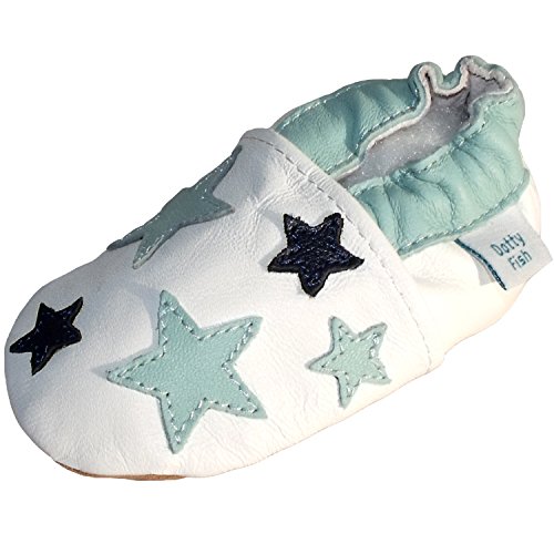 Soft Leather Baby boy Shoes with Suede Soles by Dotty Fish White and Pale Blue Star design - 6-12 months