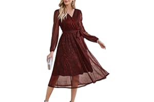 GRACE KARIN Damen Abendkleider Elegant für Hochzeit Glitzer Cocktailkleid Knielang A-Line Dünner Langarm Festliche Kleid mit Gürtel