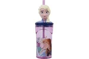 CARTOON Trinkbecher mit Strohhalm mit 3D-Figur aus Kunststoff, wiederverwendbar, BPA-frei, Fassungsvermögen 360 ml (Frozen (1))
