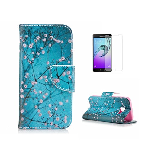 For Samsung Galaxy A3 2017 Case [With Tempered Glass Screen Protector],Fatcatparadise(TM) Anti Scratch Flip Soft Silicone Back Cover Case ,Colorful Cute Pattern Design Flip Magnetic Premium PU Leather Credit Card Folio Holder Wallet Case For Samsung Galaxy A3 2017 (Wintersweet)