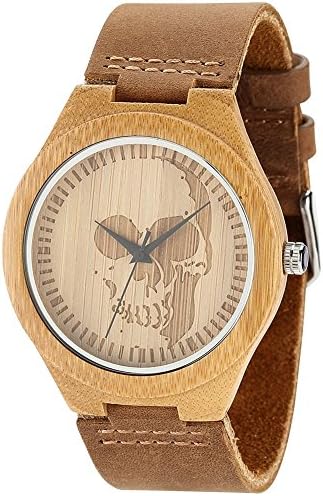 Men's Wood Watches Wonbee Bamboo watch with Natural Cowhide Leather Strap and Japanese Quartz Movement Design,Brown,Packaged in Gift Box