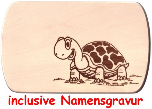 Frühstücksbrettchen Schildkröte Holzbrettchen 24 x 15 cm aus einem Stück inclusive Gravur eines Vornamens Vesperbrett Brotzeitbrett