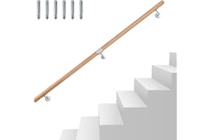 Eikuavons Handlauf Buche Holz, 200cm Geländer Wandhandlauf Wand Treppe mit Wandhalterung und Endkappen, Rutschfester Holzhandlauf Treppengeländer für Treppen Balkon, Runder 42 mm Ø