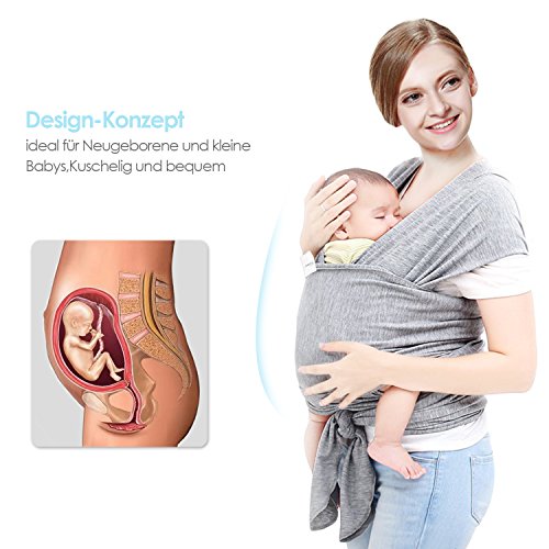 Amzdeal Baby Tragetuch Babytragetuch Bauchtrage Babytrage elastische Tragetuch Träger Baby Wrap Tragehilfe Baby Carrier Sling 5m bis 15kg belastbar(Schwarz/Grau) - 4